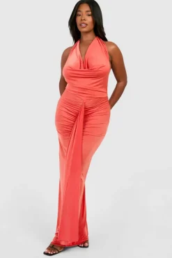 Bodycon Dresses*boohoo Plus Cowl Neck Ruched Maxi Dress orange