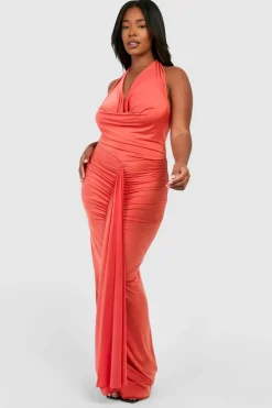 Bodycon Dresses*boohoo Plus Cowl Neck Ruched Maxi Dress orange