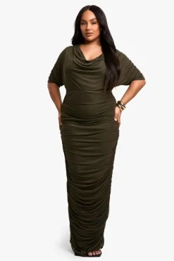 Bodycon Dresses*boohoo Plus Cowl Neck Ruched Midaxi Dress olive