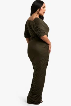 Bodycon Dresses*boohoo Plus Cowl Neck Ruched Midaxi Dress olive
