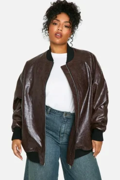 Up To 80% Off Winter Warmers|Bomber Jackets*boohoo Plus Cracked Faux Leather Oversized Bomber Jacket burgundy
