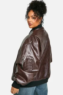 Up To 80% Off Winter Warmers|Bomber Jackets*boohoo Plus Cracked Faux Leather Oversized Bomber Jacket burgundy