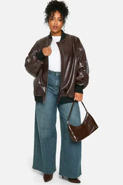 Up To 80% Off Winter Warmers|Bomber Jackets*boohoo Plus Cracked Faux Leather Oversized Bomber Jacket burgundy