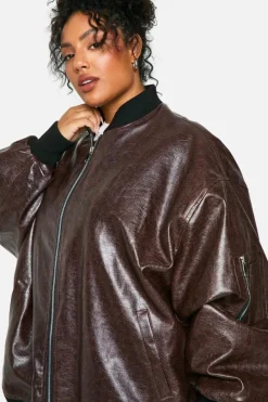 Up To 80% Off Winter Warmers|Bomber Jackets*boohoo Plus Cracked Faux Leather Oversized Bomber Jacket burgundy