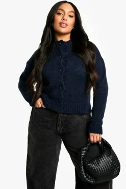 Cardigans*boohoo Plus Crew Neck Button Front Cardigan navy