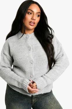 Cardigans*boohoo Plus Crew Neck Button Front Cardigan grey