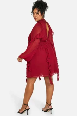 Skater Dresses*boohoo Plus Crinkle Chiffon Funnel Neck Ruffle Smock Dress burgundy