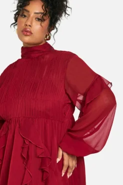 Skater Dresses*boohoo Plus Crinkle Chiffon Funnel Neck Ruffle Smock Dress burgundy