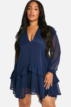 Skater Dresses*boohoo Plus Crinkle Chiffon Ruffle Smock Dress navy