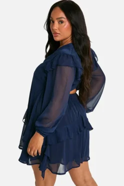Skater Dresses*boohoo Plus Crinkle Chiffon Ruffle Smock Dress navy