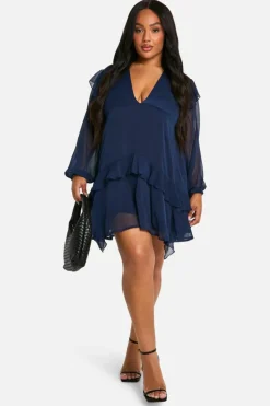 Skater Dresses*boohoo Plus Crinkle Chiffon Ruffle Smock Dress navy