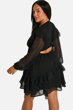 Skater Dresses*boohoo Plus Crinkle Chiffon Ruffle Smock Dress black