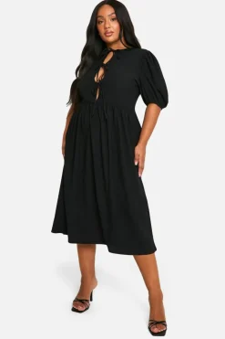 Smock Dresses|Midi Dresses*boohoo Plus Crinkle Tie Front Puff Sleeve Midi Smock Dress black