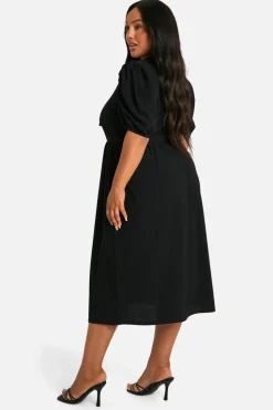 Smock Dresses|Midi Dresses*boohoo Plus Crinkle Tie Front Puff Sleeve Midi Smock Dress black