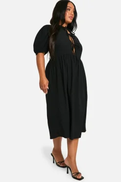 Smock Dresses|Midi Dresses*boohoo Plus Crinkle Tie Front Puff Sleeve Midi Smock Dress black