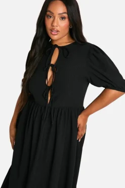 Smock Dresses|Midi Dresses*boohoo Plus Crinkle Tie Front Puff Sleeve Midi Smock Dress black