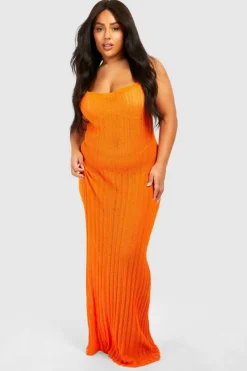 Jumper Dresses|Jumper Dresses*boohoo Plus Crochet Ladder Cowl Neck Knitted Maxi Dress orange
