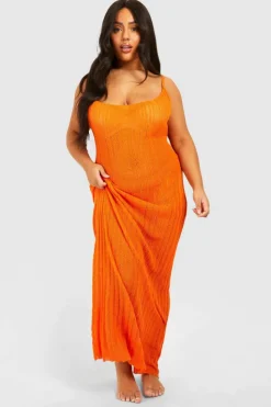 Jumper Dresses|Jumper Dresses*boohoo Plus Crochet Ladder Cowl Neck Knitted Maxi Dress orange