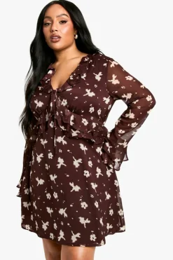 Smock Dresses*boohoo Plus Dark Floral Chiffon Smock Dress brown