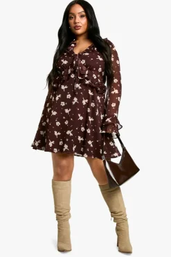 Smock Dresses*boohoo Plus Dark Floral Chiffon Smock Dress brown