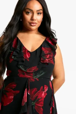 Skater Dresses|Maxi Dresses*boohoo Plus Dark Floral Ruffle Detail Maxi Dress black