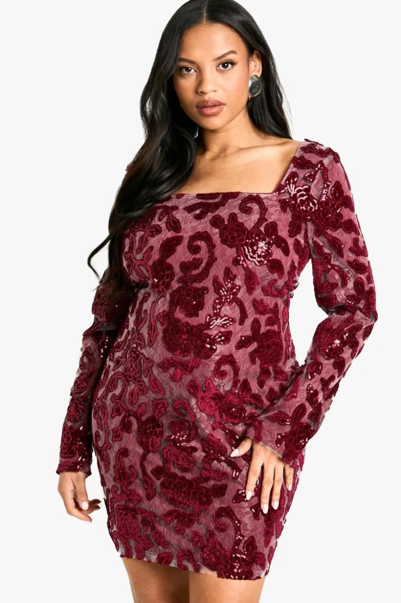 Bodycon Dresses|Mini Dresses*boohoo Plus Demask Square Neck Bodycon Dress berry