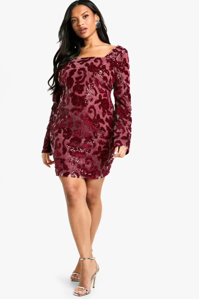 Bodycon Dresses|Mini Dresses*boohoo Plus Demask Square Neck Bodycon Dress berry