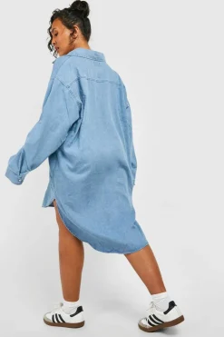 Shirt Dresses*boohoo Plus Denim Dipped Hem Shirt Dress mid blue