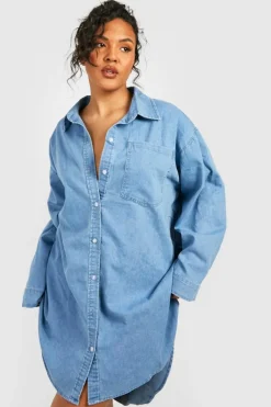 Shirt Dresses*boohoo Plus Denim Dipped Hem Shirt Dress mid blue