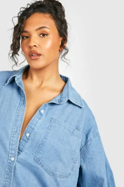 Shirt Dresses*boohoo Plus Denim Dipped Hem Shirt Dress mid blue