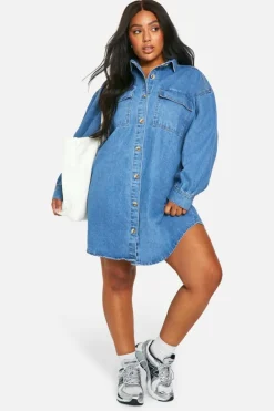 Shirt Dresses|Denim*boohoo Plus Denim Oversized Shirt Dress mid blue