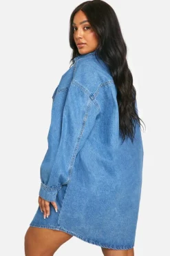 Shirt Dresses|Denim*boohoo Plus Denim Oversized Shirt Dress mid blue