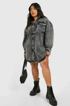 Shirt Dresses|Mini Dresses*boohoo Plus Denim Oversized Shirt Dress grey