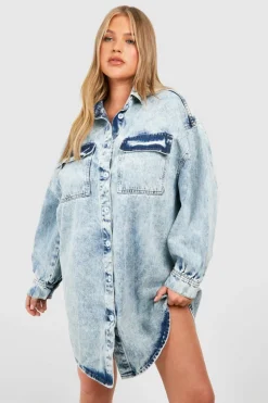 Shirt Dresses|Denim*boohoo Plus Denim Oversized Shirt Dress acid wash light blue