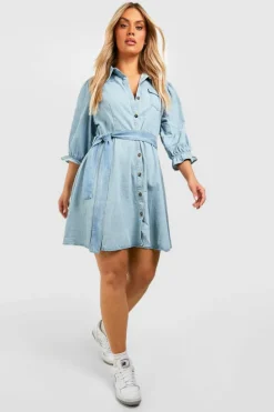 Mini Dresses|Denim*boohoo Plus Denim Pocket Tie Belt Skater Dress light wash