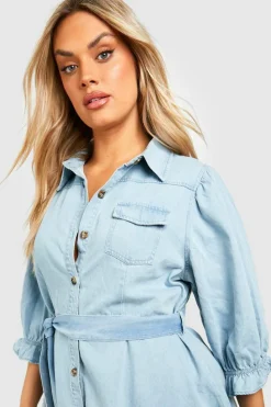 Mini Dresses|Denim*boohoo Plus Denim Pocket Tie Belt Skater Dress light wash