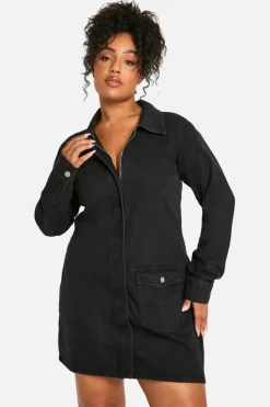 Mini Dresses|Long Sleeve Dresses*boohoo PLUS DENIM SHIFT DRESS black