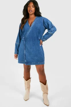 Wrap Dresses*boohoo Plus Denim Wrap Dress blue