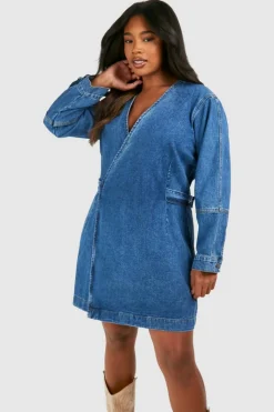 Wrap Dresses*boohoo Plus Denim Wrap Dress blue