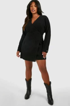 Wrap Dresses|Mini Dresses*boohoo Plus Denim Wrap Dress black
