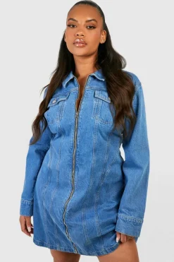 Mini Dresses|Long Sleeve Dresses*boohoo Plus Denim Zip Up Shift Dress mid blue