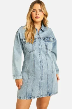 Mini Dresses|Long Sleeve Dresses*boohoo Plus Denim Zip Up Shift Dress acid wash light blue