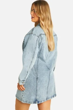 Mini Dresses|Long Sleeve Dresses*boohoo Plus Denim Zip Up Shift Dress acid wash light blue