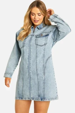 Mini Dresses|Long Sleeve Dresses*boohoo Plus Denim Zip Up Shift Dress acid wash light blue