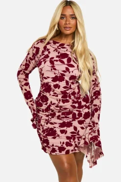 Mini Dresses|Long Sleeve Dresses*boohoo Plus Devore Ruched Flare Sleeve Shift Dress plum