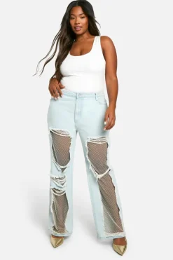 Up To 80% Off Winter Warmers|Jeans*boohoo Plus Diamante Mesh Straight Leg Jean light blue