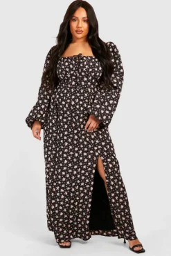 Skater Dresses|Maxi Dresses*boohoo Plus Ditsy Balloon Sleeve Milkmaid Maxi Dress black
