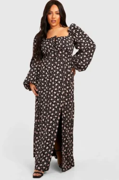 Skater Dresses|Maxi Dresses*boohoo Plus Ditsy Balloon Sleeve Milkmaid Maxi Dress black