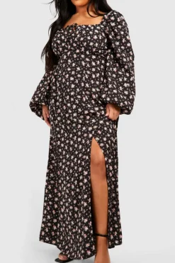 Skater Dresses|Maxi Dresses*boohoo Plus Ditsy Balloon Sleeve Milkmaid Maxi Dress black
