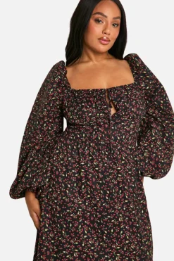 Skater Dresses*boohoo Plus Ditsy Balloon Sleeve Milkmaid Maxi Dress black